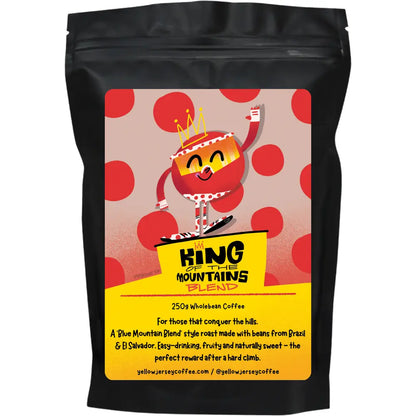 King of the Mountains Blend coffee bag with polka dot illustrated label